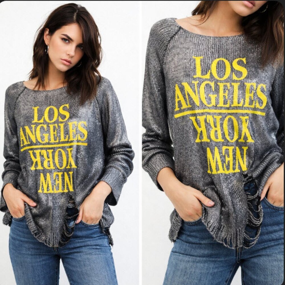 Metallic Distressed Chunky Knit Sweater LA NY Graphic Silver Medium The Classic
